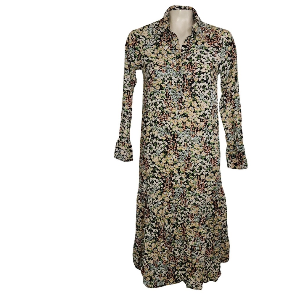 HM Womens XS Black Floral Ditsy Print Tiered Viscose Long Sleeve Midi Dress‎